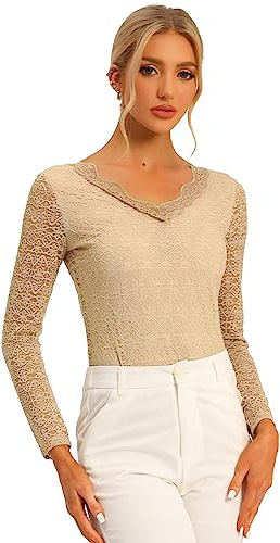 Allegra K Top de Blusa de Encaje de Manga Larga Transparente con Bordado Floral para Mujer Camello S