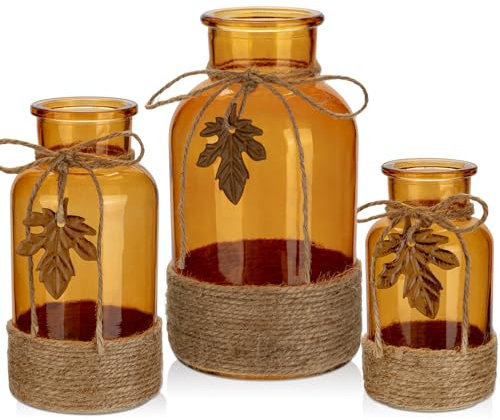 Briful Juego de 3 Jarrones de Cristal de Varios Tamaños Con Cuerda de Yute - Jarrón Naranja Con Hoja de Arce Realista para Decoración de Mesa