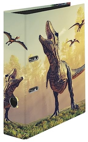 FALKEN Motiv-Ordner T-Rex Made in Germany 8 cm breit DIN A4 | Made in Germany glanzkaschierter Papierbezug außen schwarzer Papier-Innenspiegel