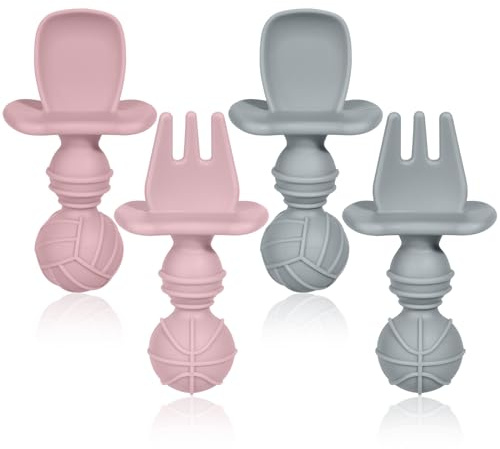 Aolso Tenedor y Cuchara para Bebé, Cubiertos de Aprendizaje para Bebés，4pcs Juego de Cuchara y Tenedor de Silicona, Juego de Cubiertos para Bebé para la Autoalimentación del Bebé-gris/rosa