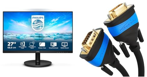 PHILIPS 271V8La - 27 Inch Fhd Monitor, 75Hz, 4Ms, Va, Speakers, (1920 X 1080, 250 Cd/M2 & KabelDirekt VGA cable – 3m – for maximum video quality thanks to high-purity copper conductors