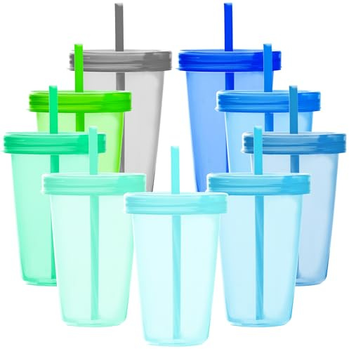 Youngever 9 Sets 500ML Kunststoffbecher mit Deckel und Trinkhalmen, Wiederverwendbare Kunststoffbecher mit Trinkhalmen in 9 Farben (Coastal)