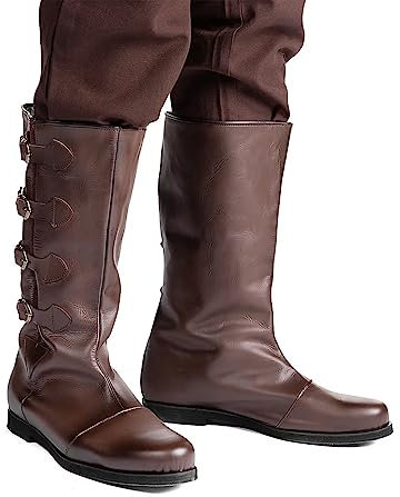1 Paar Ritterstiefel, mittelalterliche Retro-Piratenschuhe aus Leder mit seitlicher Gürtelschnalle, Renaissance-Themenparty, Cosplay, Lange Schaftstiefelschuhe für LARP, Braun, 42