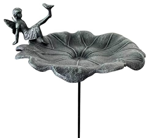 Vogeltränke auf Stab, Vogeltränke, Vogelfutterstation, aus Gusseisen, Grün, Weihgefäß mit Vögeln, Motiv Fee, 28 x 28 x 123 cm
