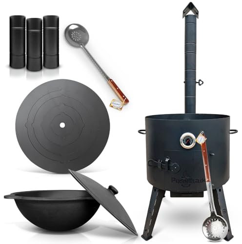 Utschak Uchag Feuerofen Ø 49 cm 2 mm Stahl Herdplatte 4mm Kazan 22 L runder Boden mit Thermometer Verlängerungsrohr, Schaumlöffel für Plov, 64 cm, Schaumlöffel für Plov, 48 cm (Set R22-4)