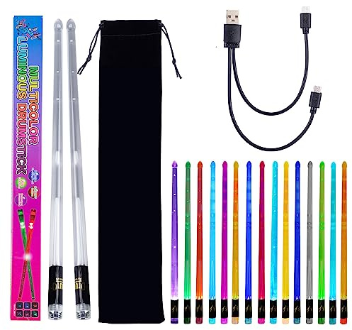 Musfunny Baquetas con luz LED: 15 colores recargables que brillan en la oscuridad con cable de carga USB, baquetas transparentes personalizadas para los amantes de la música