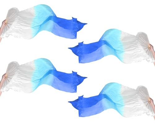 PATIKIL Belly Dance Silk Fan Veil 71, 2 Pair (Left+Right) Women Long Folding Dance Fan Wood Fan for Dance Performance, White Gradient Lake Blue