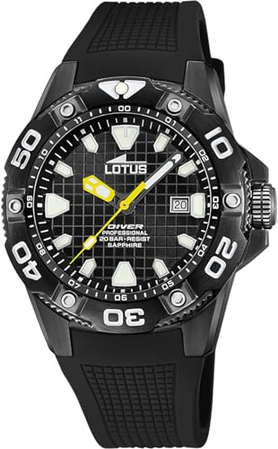 LOTUS Reloj Hombre Analógico de Caucho Negro | Movimiento de Cuarzo, Calendario, Cristal Zafiro de Alta Resistencia, Resistente al Agua 20 ATM 18928/B Special Prices