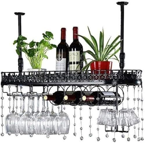 Con Estante De Vidrio, Estantes De Metal For Copas De Vino, Enfriador De Vino For Colgar En El Techo, Color Negro(80 * 25Cm)