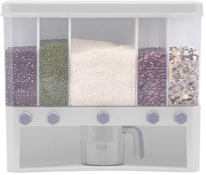 MINRS Dispensador de cereales 5 en 1 para cocina, con 5 divisores extraíbles, vaso medidor y vaso medidor, dispensador de arroz, dispensador de cereales, diseño transparente para cereales