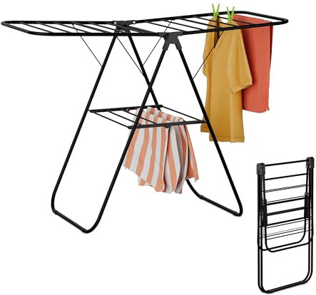 Relaxdays Wäscheständer klappbar, 2 Flügel, 2 Ebenen, Flügelwäscheständer, HBT: 93x136x58 cm, Wäschetrockner, schwarz