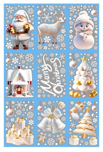 Lot de 9 autocollants de Noël Motif flocon de neige Père Noël Bonhomme de neige Élan de porte Décorations de Noël Décoration Fenêtre Blectrostatique