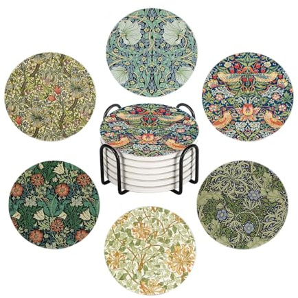 WWOOPLL William Morris Drink Coasters Set of 6, Vintage Botanical Floral Garden Absorbent Round Ceramic Stone Mat Coaster, with Cork Base and Metal Holder, Anti-Slip Cork Bottom for Mugs and Glasses