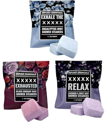 Explicit Essentials Shower Steamers Gift Set | 12 Aromatherapy Shower Steamers (3 Scent Trio) | Black Currant Rose, Lavender Mint & Eucalyptus Mint | Relaxation & Stress Relief Spa Gift for Self-Care