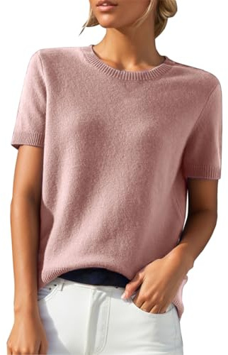 KonJim Pull tricoté à manches courtes pour femme - Col rond - Coupe ample - Léger - Pour le bureau, le travail, l'été, la plage, rose, XL