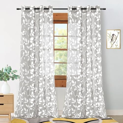 MRTREES Vorhänge mit Ösen Grau Transparent für Wohnzimmer Schlafzimmer Modern, Gardinen Voile mit Muster Weißen Blätterdrucken 2er Set, 225 cm Lang, 140 cm Breit, Curtains Living Room