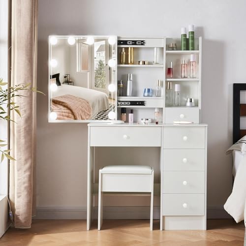 LIANWANG Schminktisch mit LED Licht, Frisiertisch mit 1 Hocker und Spiegel, 3 Farbtemperaturen und Einstellbarer Helligkeit, 6 Schubladen und 4 Ablagen, 131x80x36 cm, Weiß