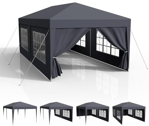 Pavillon 3x6m Wasserdicht, Garten Pavillon Stabil Stecksystem-Metallgestänge, Festzelt, Erdhaken-Seil, Party Zelt PE-Plane, Faltpavillon mit Seitenwänden für Party-Camping-Markt, UV-Schutz, Anthrazit