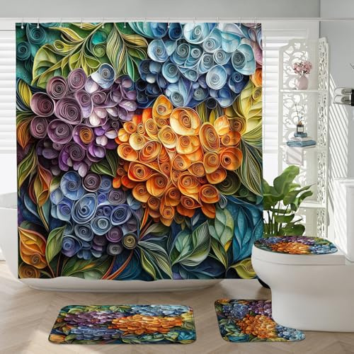4PCS Paper Quilling Hydrangea Bathroom Sets, Bath Accessory with Non-Slip Rug, U Shape and Toilet Lid Cover Mat, 3D Cool Floral Bathroom Decor-72''x72''