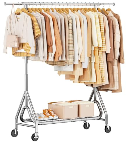 JIEJIERUI Heavy Duty Clothing Rack, Metal Clothes Rack Load 450 LBS, Rolling Coat Racks for Hanging Clothes with Lockable Wheels, Wardrobe Closet Garment Racks for Bedroom, Silver