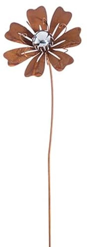 Premier Rusty Patina Metal Flower Lily Curved Garden Stake with Silver Ball 1 Metre Tall