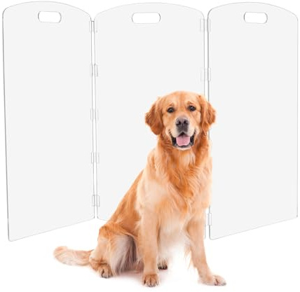 Modern Frame Clear Acrylic Freestanding Dog Gate - 32 Tall Folding 3-Panel Pet Barrier for Doorways, Stairs & Large Openings, Indoor Fence for Small to Large Dogs & Cats