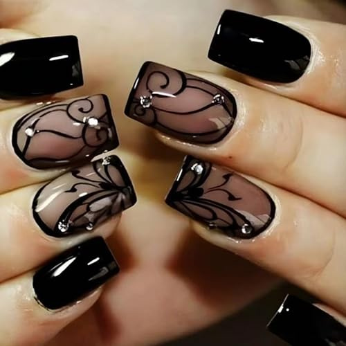 Ceboic 24 Stück Press on Nails Kurz Quadratische, Französisch Nägel zum Aufkleben Schwarz Ranke Design Kunstnägel Künstliche Nägel, Vollabdeckung Selbstklebende Fingernägel Fake Nails für Frauen