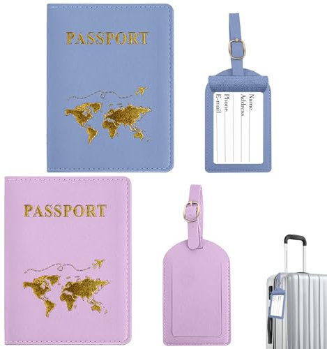 ZDNT Reisepasshülle,2 Stück Reisepasshülle mit 2 Kofferanhänger,Passport Holder,Passport Cover,Passport Hülle,Reisepasshülle Kofferanhänger für Kreditkarten,Ausweis und Reisedokumente ((Blau,Lila))