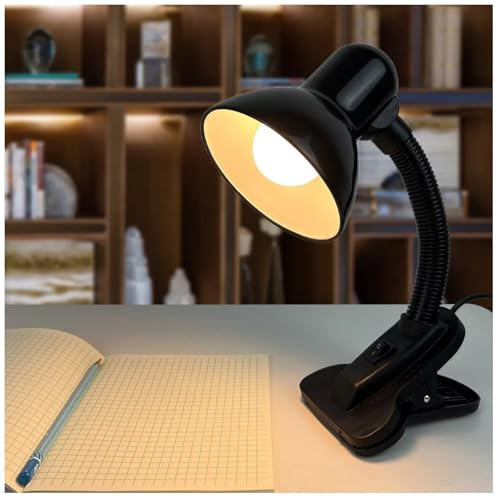 DUAS Adjustable Desk Lamp with Clamp for Bed, Study, and Reading - Modern Clip Light, E27 Bulb, 40W, Adjustable Arm, Black/White (Black)