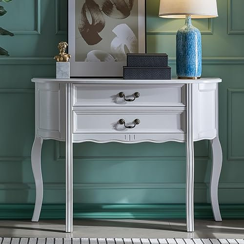 Consolle da Ingresso Tradizionale, tavolino da Divano a Forma di Mezzaluna, Elegante Mobile Decorativo con 2 cassetti e Gambe Cabriole per corridoio e Soggiorno.