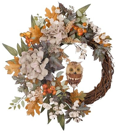 FLOROAD Fall Wreath for Front Door 24 Inch, Handmade Autumn Hydrangea Maple Leaf Berry Wreath with Cute Sisal Owl, Fall Decor for Home Farmhouse Door Wall Porch Indoor Outdoor