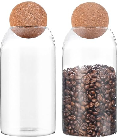 2 barattoli in vetro per alimenti con sfera in sughero, 800 ml, con coperchio, ermetici in vetro, con sfera di sughero, per caffè, spezie, tè, fagioli, zucchero
