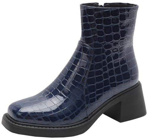 BULVJ Botines para mujer con tacón en bloque Cremallera lateral Botines Sencillo Liso, azul oscuro, 41 EU