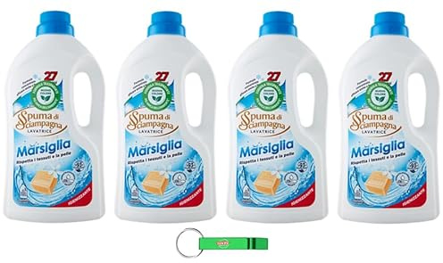 4x Spuma Di Sciampagna Waschmittel Marseille Hygiene-Flüssigwaschmittel mit konzentrierter Formel und wirksamer Fleckenbekämpfung 27 Wäschen 1215ml + Beni Culinari Kostenloser Schlüsselanhänger