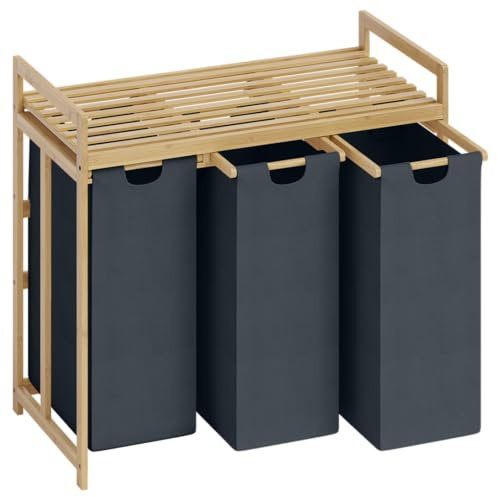 Bellamio Newa Wäschekorb 3 Fächer, 3x50 L, 1 Ablage, Dunkelgrau, Bambus | Wäschesammler, ausziehbare & abnehmbare Wäschesäcke, Wäschesortierer, Wäscheboxen, Schmutzwäschebehälter, Bad & Schlafzimmer