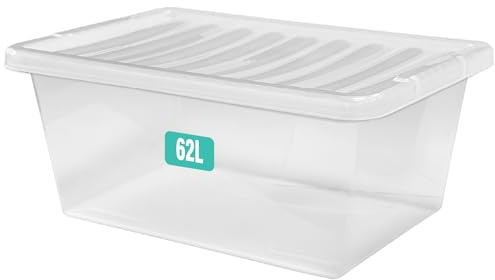 FINE STAR 5 x 62 Litre Clear Plastic Storage Boxes With Lids Set of 5, Strong Multipurpose Stackable Plastic Storage Box With Lid 62L Clear Containers For Home, Kitchen, Garage, Office
