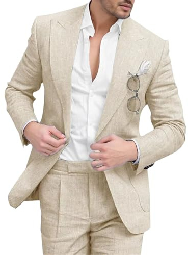 Traje Formal de Boda Sear Sucker para Hombre, Corte Entallado, de Lino, para Novios, Trajes 2 Piezas, Color Albaricoque, Talla 4XL