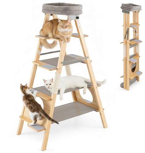 COSTWAY Arbre à Chat Pliable à 5 Niveaux, Arbre a Chat Bois de Pin, 8 Échelle avec Tampons en Feutre de Laine, 3 Hamacs en Tissu, Coussin Amovible, Poteaux à Griffer en Sisal, Patins Antidérapants