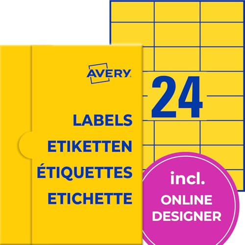 AVERY Zweckform Gelbe Etiketten (600 Aufkleber, 70x37mm auf A4, permanent haftend, selbstklebende Farbetiketten, Papier matt, bedruckbare, farbige Klebeetiketten) 25 Blatt