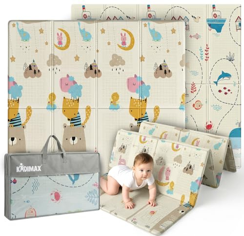 KIDIMAX Krabbelmatte Baby & Kinder 200x180x1 cm – Faltbare Spielmatte/Spielteppich, BPA- & schadstofffrei, beidseitig, rutschfest, wasserdicht, tragbar – Spielunterlage für Innen & Outdoor, Muster 1