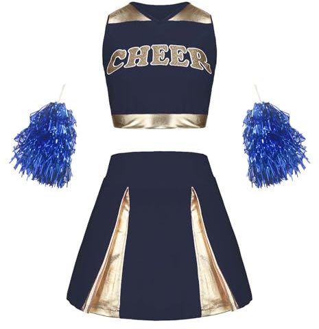SKFLABOOF Cheerleader Kostüm Kinder Faschingskostüme Mädchen Karneval Cheerleading Tanzkleid Sport Outfit mit Pompons Cheerleader-Kostüm Rock Cosplay 002d Marine, 140