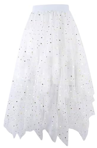 Tüllrock Weiß Lang - Tütü Damen Große Größen Glitzer Tüll Rock Puffy Layered Tutu Unregelmäßiger A-Linie Elastische Hohe Taille Knielang Tanzrock Faschingskostüme Party Karneval Kostüm