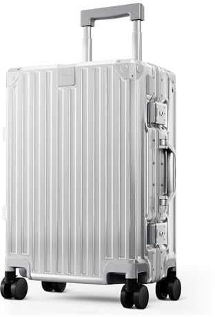 ALPHA CAMP Koffer Größe M Reisekoffer Leicht Hartschalenkoffer Polycarbonat 37L Luggage Suitcase mit Rollen TSA Schloss & Aluminium Rahmen Handgepäck 37 * 22 * 55.5cm Silber