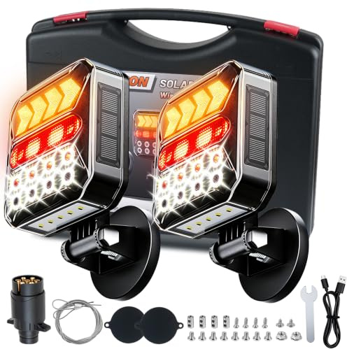 Nexstron 12/24V Solar kabellose magnetische LED Anhänger Rückleuchten Set, Bluetooth, 7-pol Stecker & USB-C, IPX6 wasserdichte Heckleuchten mit Doppelstahlseilen, für Anhänger LKW Wohnwagen Traktor | 7-poliger Stecker & USB-C, IPX6 wasserdichte LED-Rücklichter mit Dual-Stahlkabeln für Anhänger/LKW/Wohnwagen/LKW