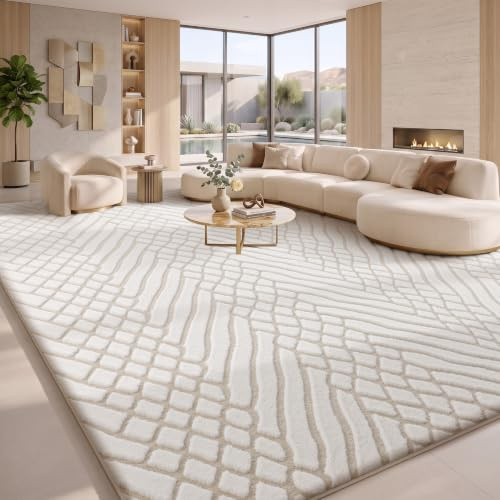 Sour Lemon Teppich Wohnzimmer 160x230 cm, Beige und Creme Kurzflor Teppich | 3D Linien Geometrisch Waschbarer Teppiche, Flauschiger Rutschfeste Extra Großer Teppiche für Schlafzimmer und Kinderzimmer