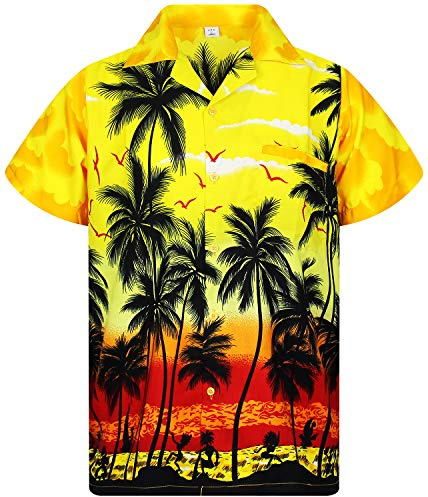 V.H.O. Funky Hawaii-skjorta för män, kortärmad med frontficka och Hawaii-tryck: strand, palmer och olika färger, Strand gul, XXL