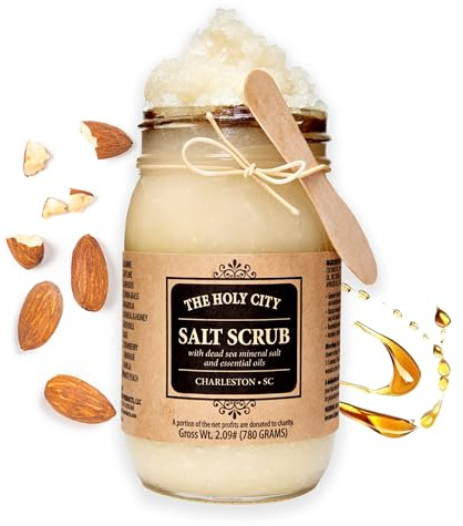 HOLY CITY SKIN PRODUCTS Exfoliating Body Scrub - Pure Dead Sea Salt Scrub for Hands and Body, 16 fl oz Hydrating Moisturizing Skin Care for Body Acne, Wrinkles (Honey Almond)