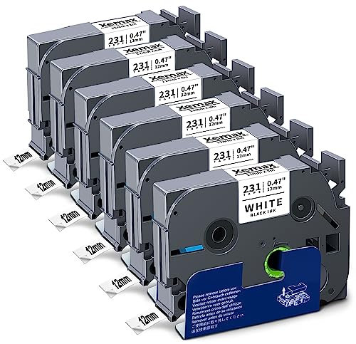 6x XemaX Schriftband Kompatibel für Brother P-touch Bänder TZe-231 TZe 12mm 0,47'' Etikettenband für Brother Beschriftungsgerät PT-1010 H105 D600 H100R H110 H101C H100LB H200 D400, Schwarz auf Weiß