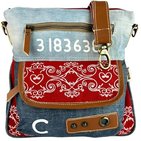 Sunsa Damen Umhängetasche. Nachhaltige Tasche aus recycelte Jeans & Canvas | Schultertasche mit viel Fächer Damentasche mit verstellbaren Henkel. Mittelgroße Freizeit Crossbody Bag Blau/ rot Jeanstasche