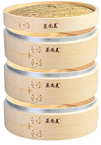 Hcooker Profundizar 3 Capas Vaporizador de Bambú para Cocina con Bandas de Acero Inoxidable para Cocina Asiática Bollos Empanadillas Verduras Pescado Arroz